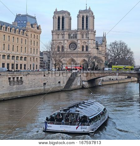 Paris, France, February 9, 2016: the boat on a river Sena in Paris, France