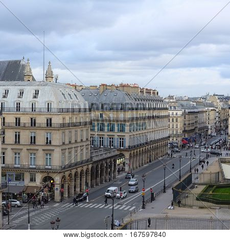 Paris, France, February 10, 2016: view  from Luvre to a street in a center of Paris, France