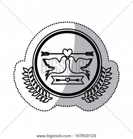 monochrome sticker of pigeons attached by the beak and small heart crossed by arrow in circle with olive branches vector illustration