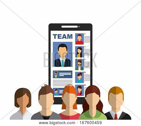 smartphone device with people cartoon icon over white background. colorful design. vector illustration
