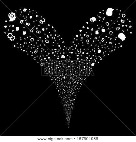 Intellect Gears fireworks stream. Vector illustration style is flat white iconic symbols on a black background. Object double fountain done from random pictograms.