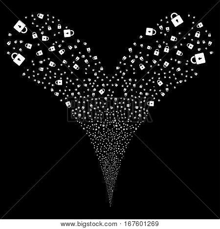 Lock fireworks stream. Vector illustration style is flat white iconic symbols on a black background. Object double fountain done from random pictographs.