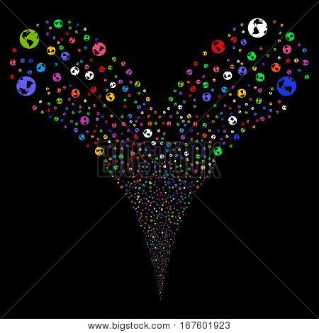 Earth fireworks stream. Vector illustration style is flat bright multicolored iconic symbols on a black background. Object double fountain combined from random symbols.