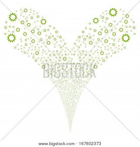 Cogwheel fireworks stream. Vector illustration style is flat eco green iconic symbols on a white background. Object double fountain combined from random pictograms.