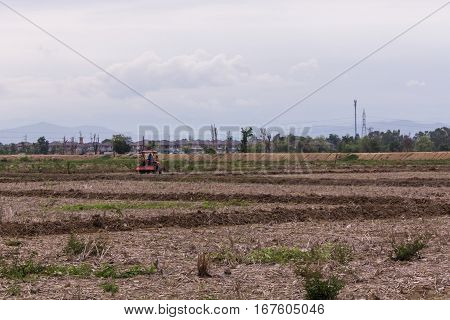 Tractor in farm field, agriculture in Thailand