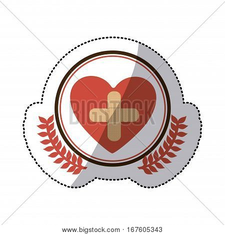 color sticker with circle with olive branches and symbol cross in heart vector illustration