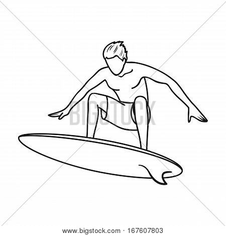 Surfer in action icon in outline design isolated on white background. Surfing symbol stock vector illustration. - stock vector