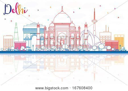 Outline Delhi Skyline with Color Buildings and Reflections. Business Travel and Tourism Concept with Historic Buildings. Image for Presentation Banner Placard and Web Site.