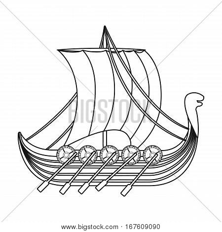 Viking s ship icon in outline design isolated on white background. Vikings symbol stock vector illustration. - stock vector
