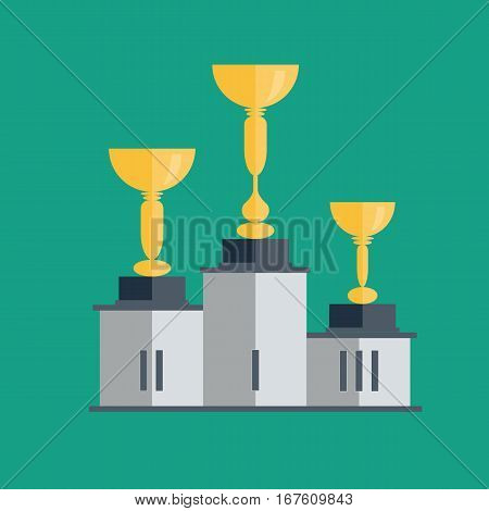 Golden cup vector illustration on green background, gold cup with pedestal, shiny yellow cup golden flat cartoon design