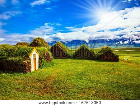 Rural pastoral. The old village. Ethnographic Museum-estate Glaumbaer, Iceland. The concept of the historical and cultural tourism