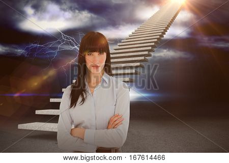 Woman in her office with her arms crossed against thunderstrom over landscape 3d