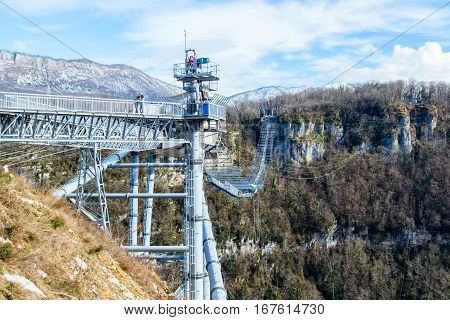 Sochi, Russia - January 18, 2017: SKYPARK AJ Hackett Sochi in Sochi National Park. The longest suspension footbridge in the world