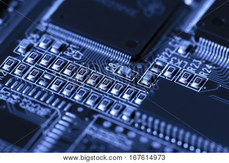 Electronic circuit board. CPU and memory chips