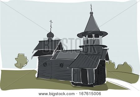 old orthodoxy church building watercolor drawing by hand. Vector scetch illustration