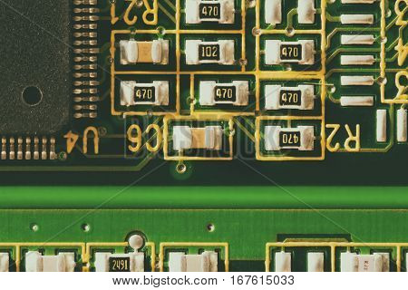Electronic circuit board. CPU and memory chips