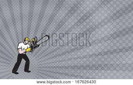 Business card showing Illustration of lumberjack arborist tree surgeon holding a chainsaw starting motor on isolated white background.
