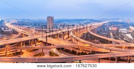 panoramic view of city interchange at night road junction of urban expressway in nanjing