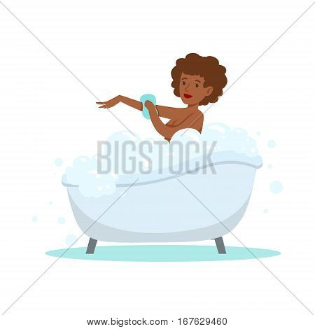 Girl Washing Herself WIth Sponge In Bath, Part Of People In The Bathroom Doing Their Routine Hygiene Procedures Series. Person Using Lavatory Room For The Daily Washing And Personal Cleanup Vector Illustration.