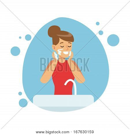 Woman Washing Face, Part Of People In The Bathroom Doing Their Routine Hygiene Procedures Series. Person Using Lavatory Room For The Daily Washing And Personal Cleanup Vector Illustration.