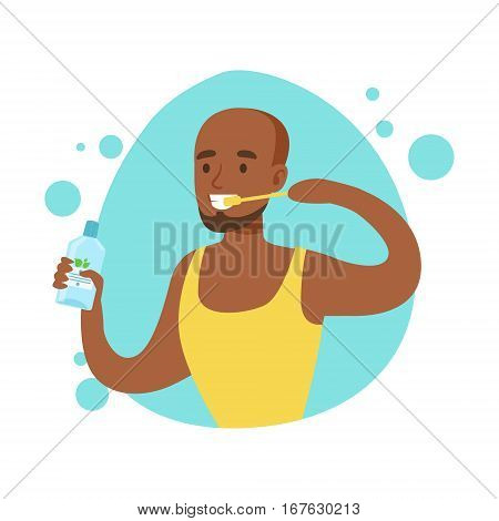 Man Brushing Teeth, Part Of People In The Bathroom Doing Their Routine Hygiene Procedures Series. Person Using Lavatory Room For The Daily Washing And Personal Cleanup Vector Illustration.