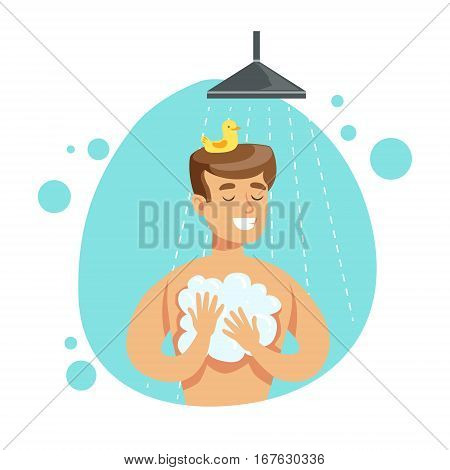 Man Washing Himself With Soap In Shower, Part Of People In The Bathroom Doing Their Routine Hygiene Procedures Series. Person Using Lavatory Room For The Daily Washing And Personal Cleanup Vector Illustration.