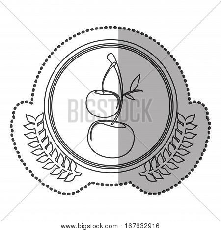 middle shadow sticker monochrome with olive crown with cherrys in circle vector illustration