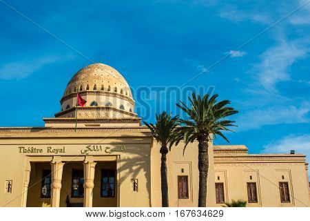 Facade of the Royal Theatre in Marrakech at sunny day