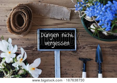 Sign With German Text Duengen Nicht Vergessen Means Dont Forget To Dung. Spring Flowers Like Grape Hyacinth And Crocus. Gardening Tools Like Rake And Shovel. Hemp Fabric Ribbon. Aged Wooden Background