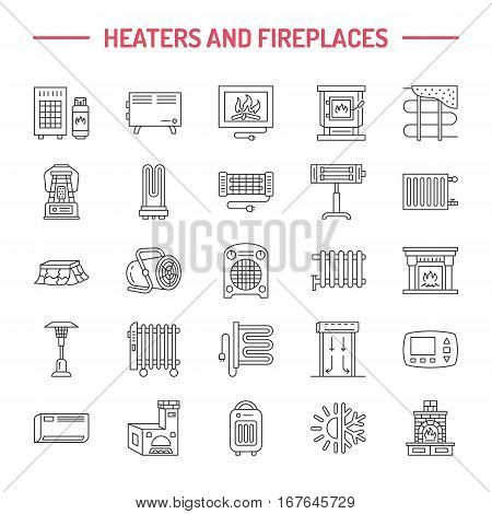 Water boiler, thermostat, electric gas solar heaters and other house heating appliances line icons. Thin linear pictogram. Equipment store signs.