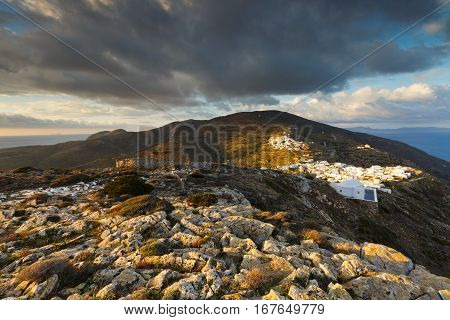 Kastro and Chora villages on Sikinos island early in the morning.
