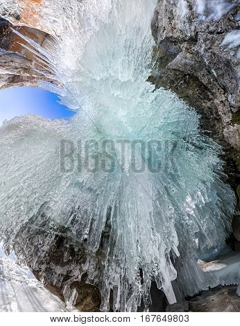 Panorama Dawn In An Ice Cave With Icicles On Baikal, Olkhon