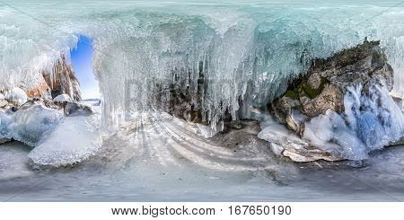 360 180 Panorama Dawn In An Ice Cave With Icicles On Baikal, Olkhon
