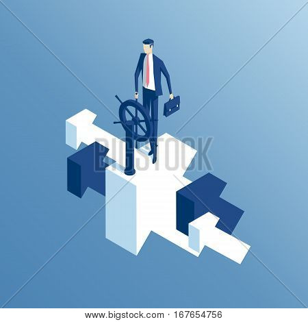 The businessman behind the wheel flying up the arrow isometric illustration. The business concept of successful management