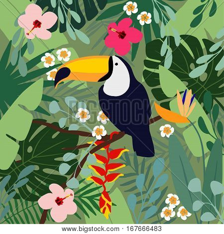 Summer tropical background. Toucan bird with palm leaves, hibiscus, heliconia and plumeria flowers. Stock vector illustrations, flat design.