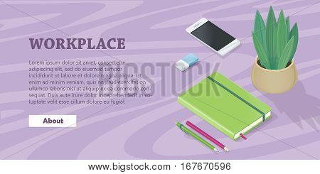 Office accessory set. Top view of desk with mobile phone, two pencils, plant in pot and note book. Personal business accessories. Flat design concept of creative office workplace. Vector illustration