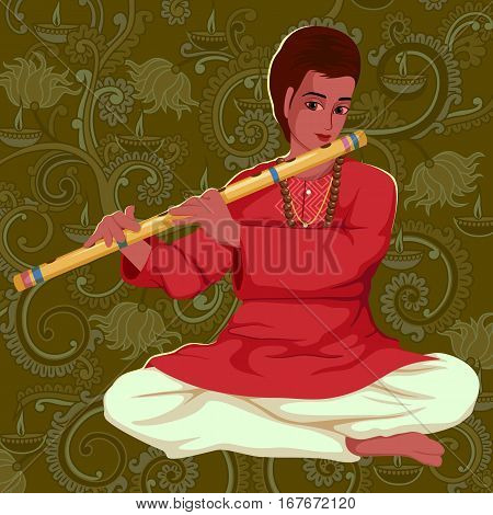 Vector design of artist playing Bansuri flute folk music of India on floral background