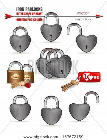 Metal, iron padlocks in the shape of heart for enamoured couple. Set locks with the inscriptions - Love, Love You. Loks isolated on white background. Locks for lovers. Vector illustration
