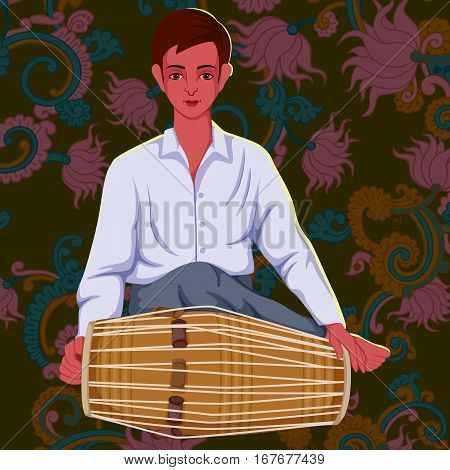 Vector design of artist playing pakhawaja folk music of India on floral background