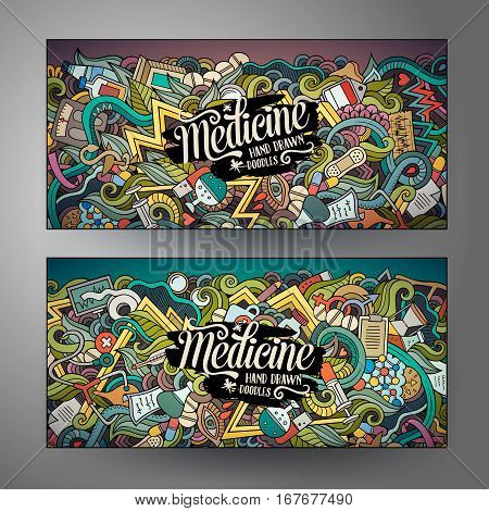 Cartoon cute colorful vector hand drawn doodles Medical corporate identity. 2 horizontal banners design. Templates set