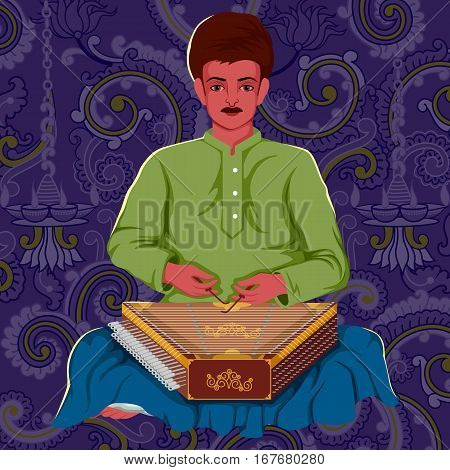 Vector design of artist playing Santoor folk music of India on floral background