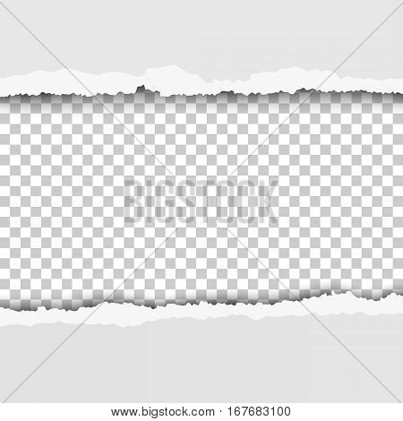 Torn snatched window in sheet of paper. Checkered transparent background of the hole.