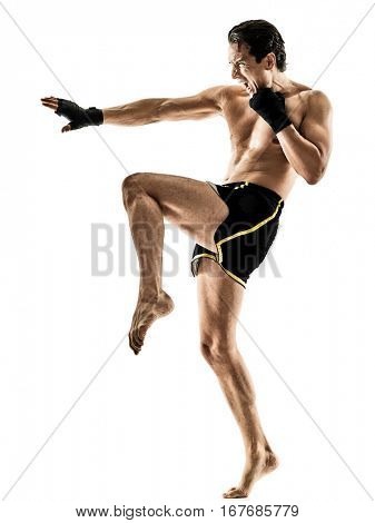 one caucasian Muay Thai kickboxing kickboxer thai boxing man isolated on white background