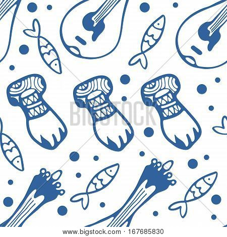 Seamless pattern with fado guitars sardines and door knockers. vector illustration