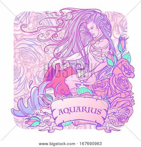 Zodiac sign Aquarius. Young man with long hair holding large amphora. Frame of roses. Water flowing out. Vintage art nouveau style concept art for horoscope or tattoo. Pastel goth palette