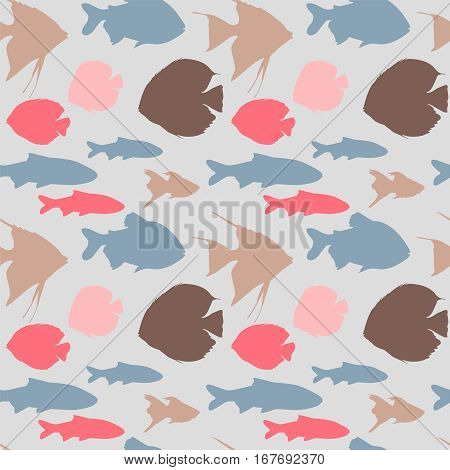 Seamless pattern with different colorful fishes on blue background, vector illustration.