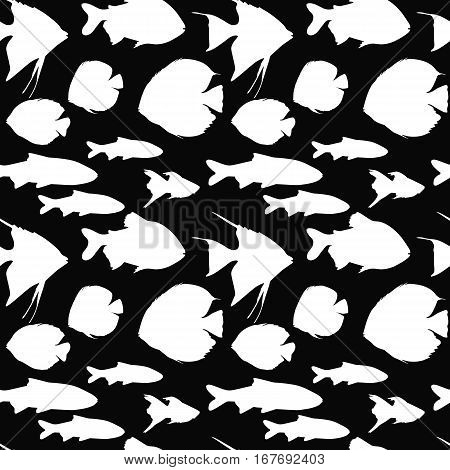 Seamless pattern with different white fishes on black background, vector illustration.