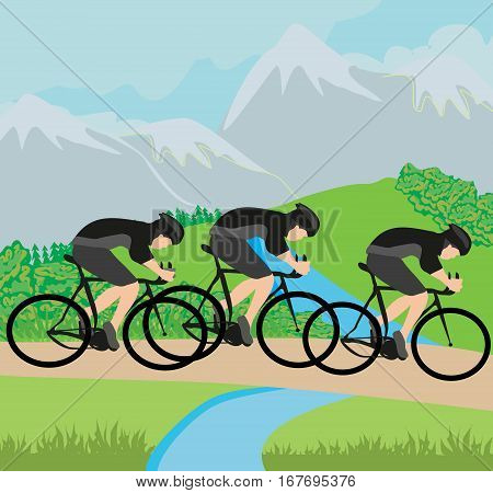 Group of Cyclists in the mountains , vector illustration