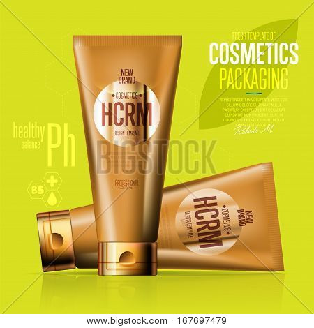 Realistic cosmetic suntan cream golden plastic container vector illustration. Face cleanser, skin tonic, shower gel, shampoo, cream 3D tube. Fashion and beauty, new cosmetic elegant brand template