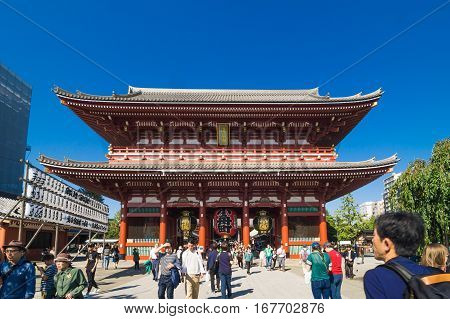 TOKYO-JAPAN 20 OCTOBER 2016: Crowded people at Buddhist Temple Sensoji on October 28 2016 in Tokyo Japan. The Sensoji temple in Asakusa area is the oldest temple in Tokyo.